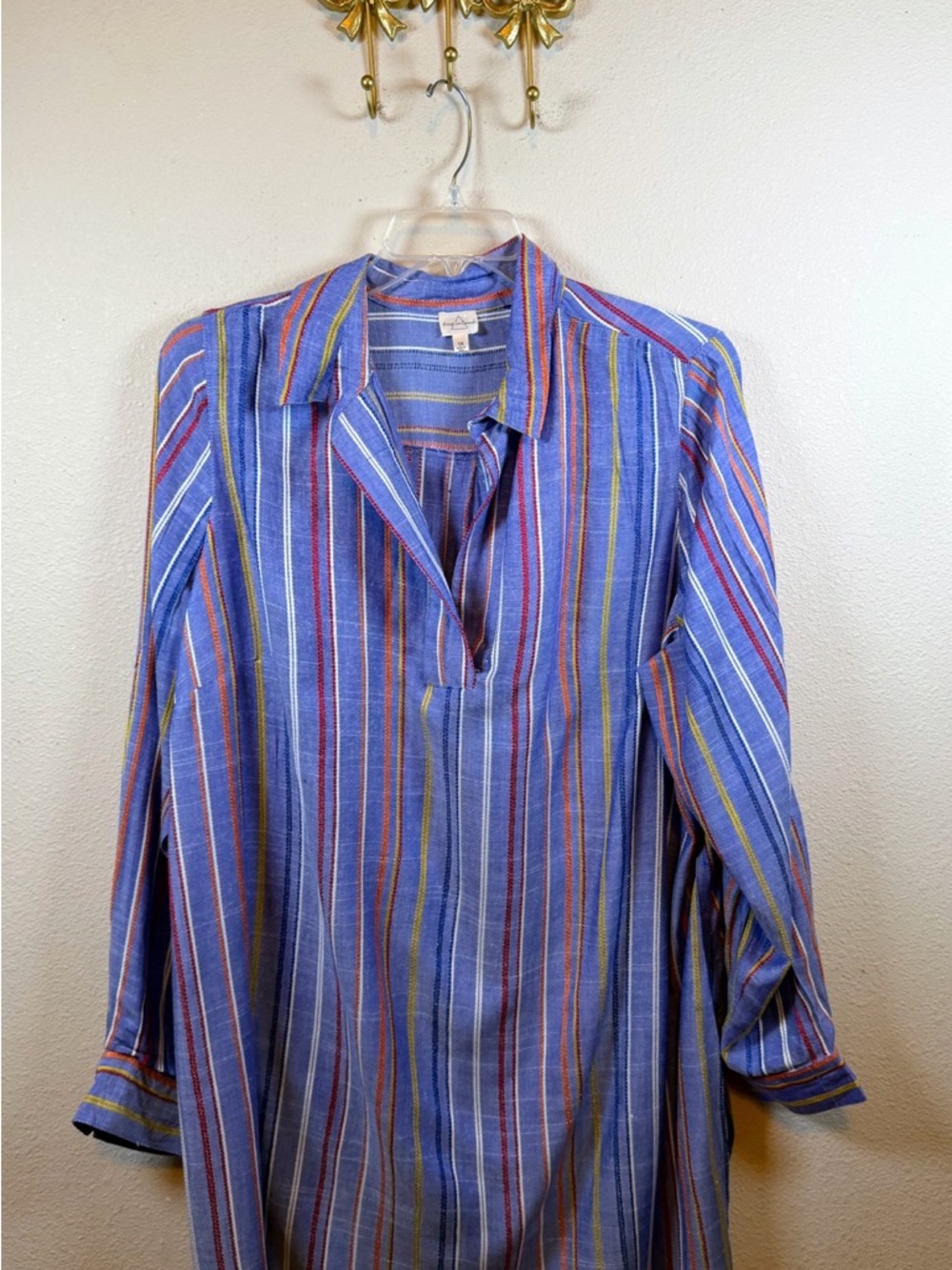 Keep in Touch Chambray Striped Button-Down Tunic Shirt. Size 1X
